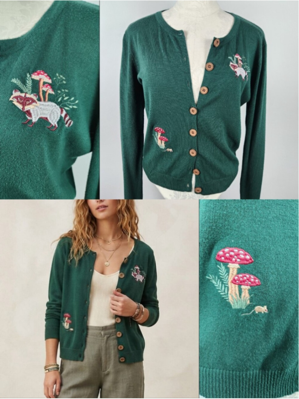 Fairycore Green Cardigan Sweater Embroidery Mushrooms Racoon Forest Fairy Goblin